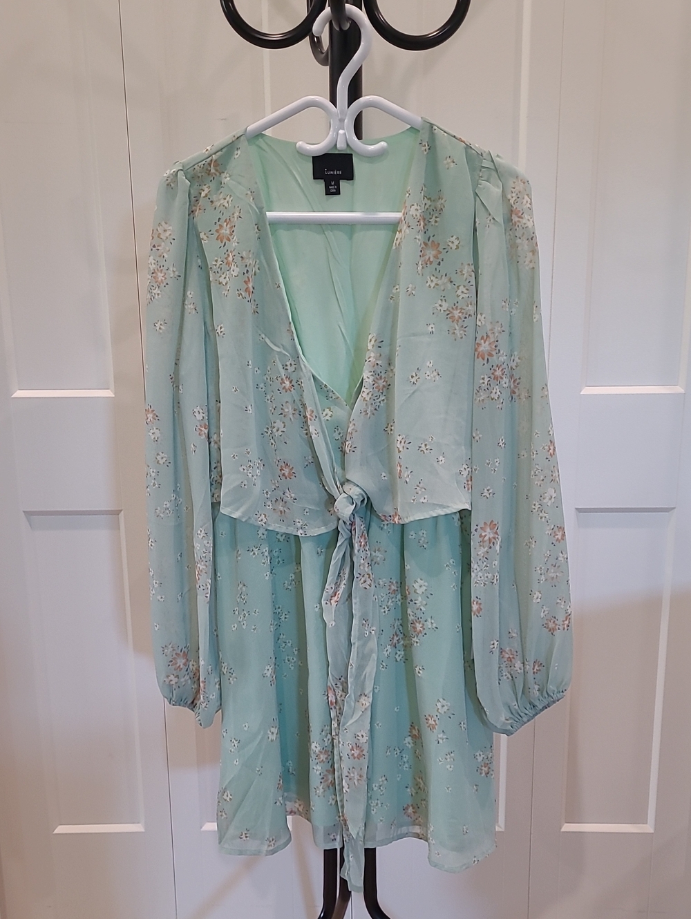 Lumiere Mint Floral Tie-Front Long Sleeve Dress